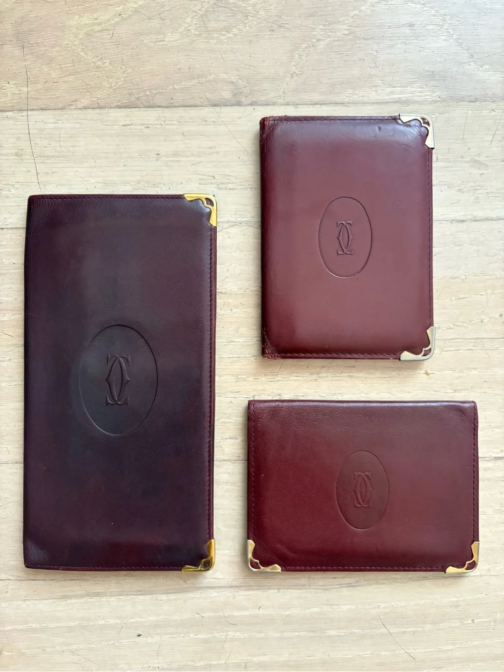 Cartier Burgundy Leather Travel Card Holder Wallet Set of 3